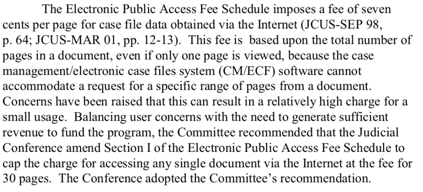 Screenshot of PACER fee changes